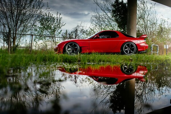 The red car is reflected in the water