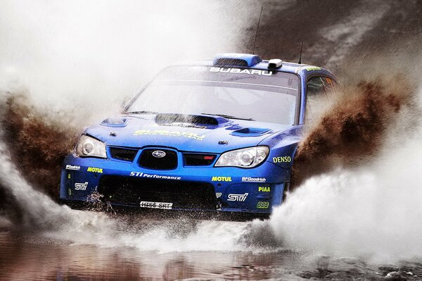 Extreme tests of the Subaru impreza car forcing a dirty shallow river