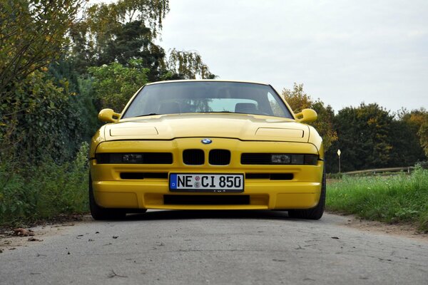 Voiture de sport jaune BMW près de la forêt