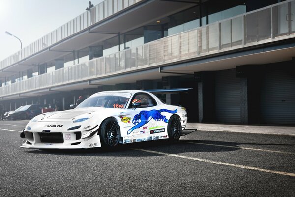 Voiture de sport avec une image de léopard sur fond de bâtiment