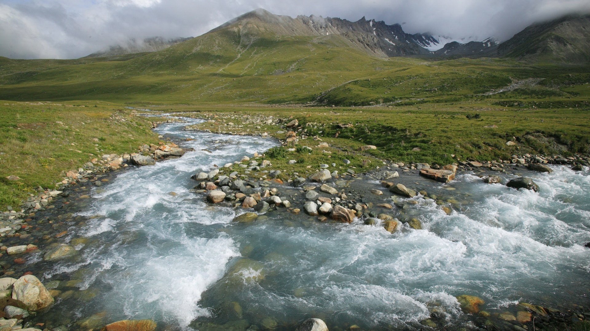 velocità dell acqua prati verdi ruscello di montagna montagne ruscello prato nebbia paesaggio natura fiume corrente valle verde