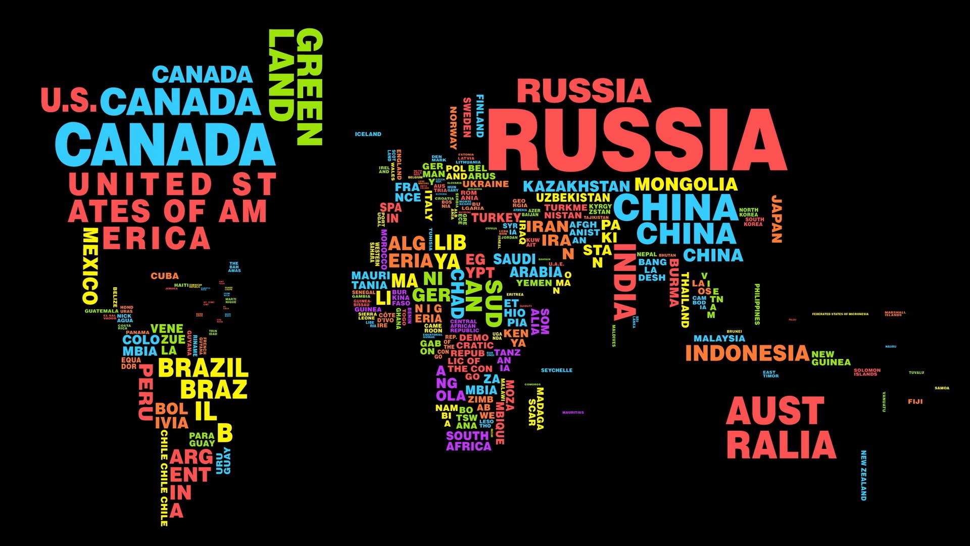 notation verbale art carte du monde drôle carte fond sombre fond noir mots lettrage lettrage style idée création russie états-unis pays monde atlas