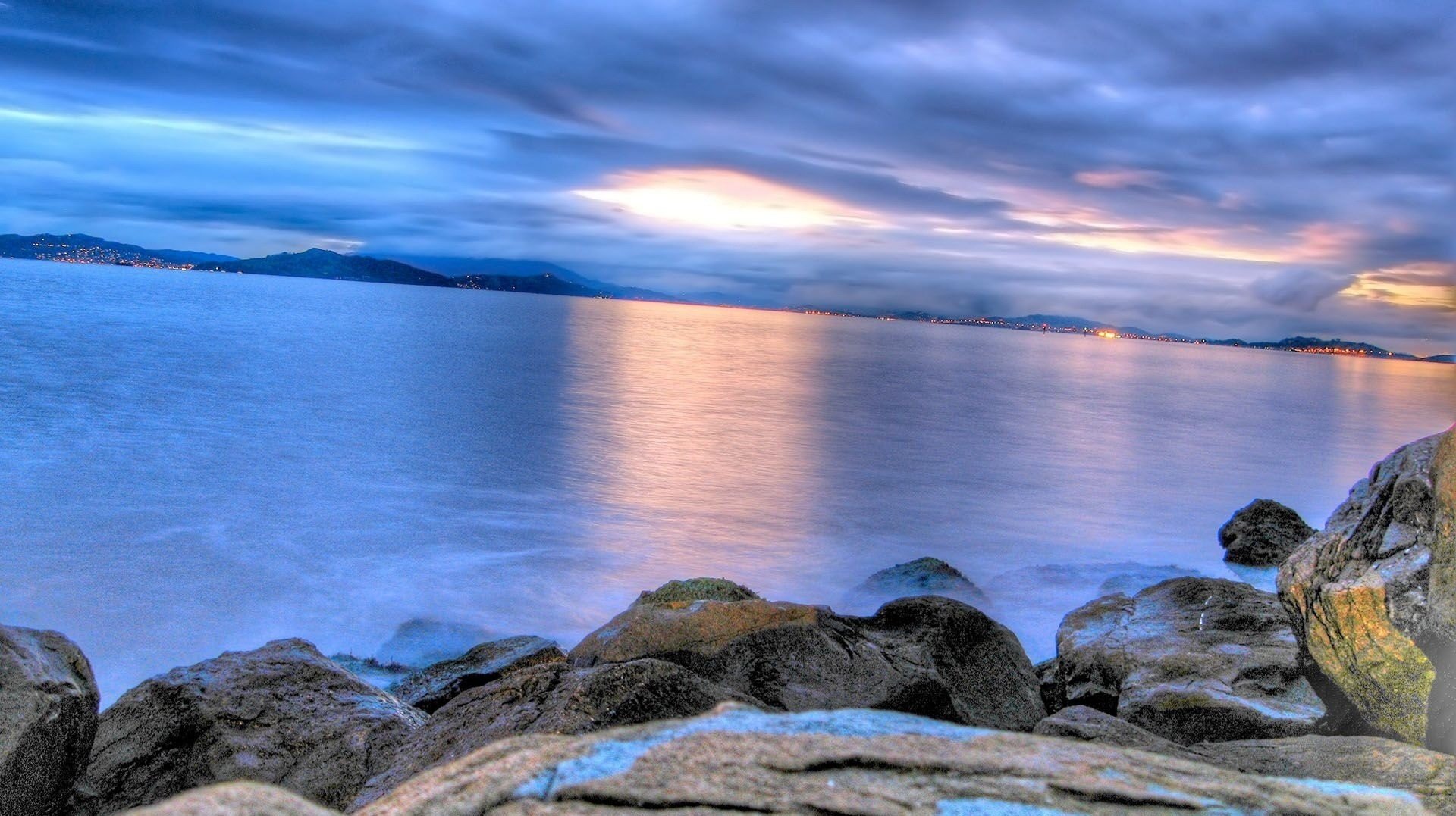 steine meerwasser glanz sonnenuntergang horizont abend wolken landschaft natur