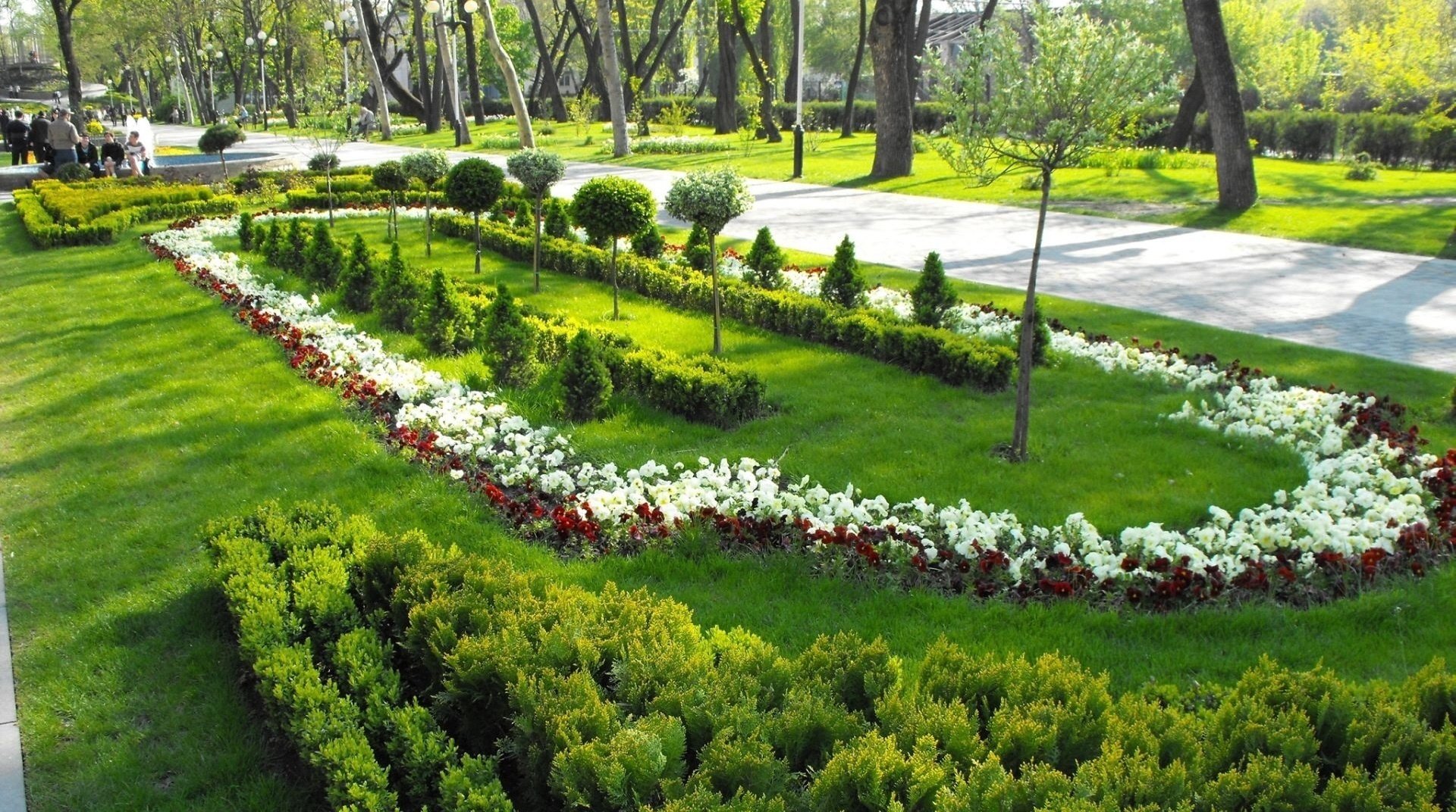 zadbane kwietniki kwiaty park zieleń nasadzenia piękno drzewa