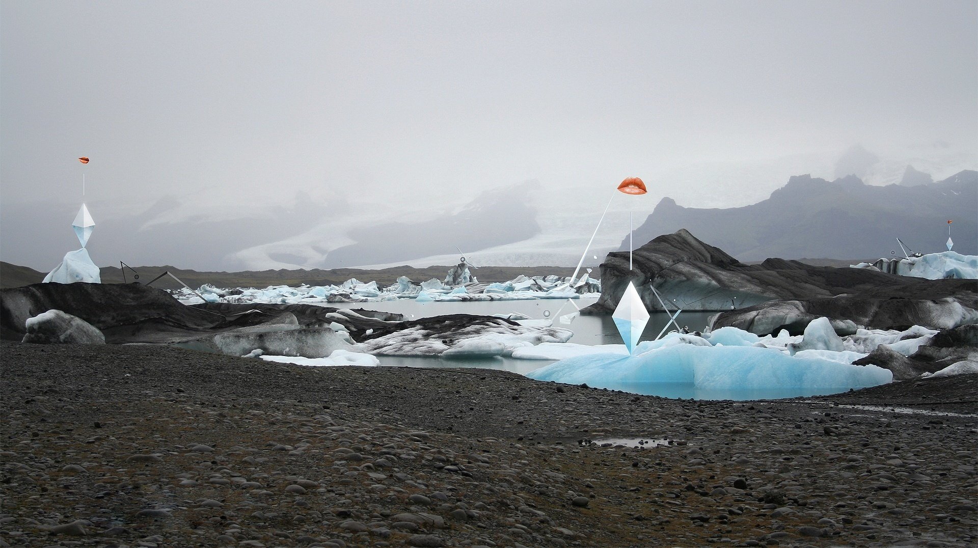 estación de investigación montículos de nieve terreno montañoso hielo invierno gris naturaleza cielo nublado niebla lago agua fresco