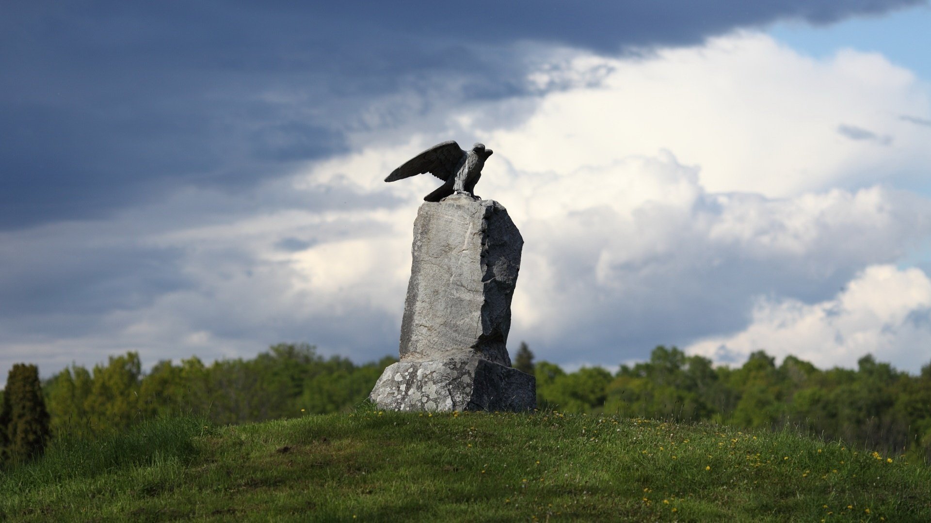 verdure autour statue de pierre aigle monuments nuages herbe