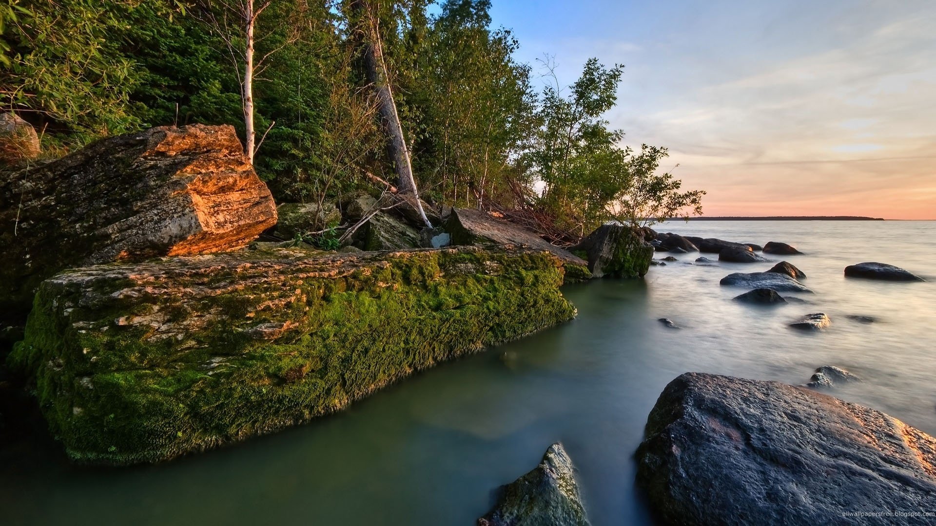 flusszufluss bewachsene steine waldgrundstück sonnenuntergang wasser wald ufer moos klippe natur oberfläche horizont landschaft bäume