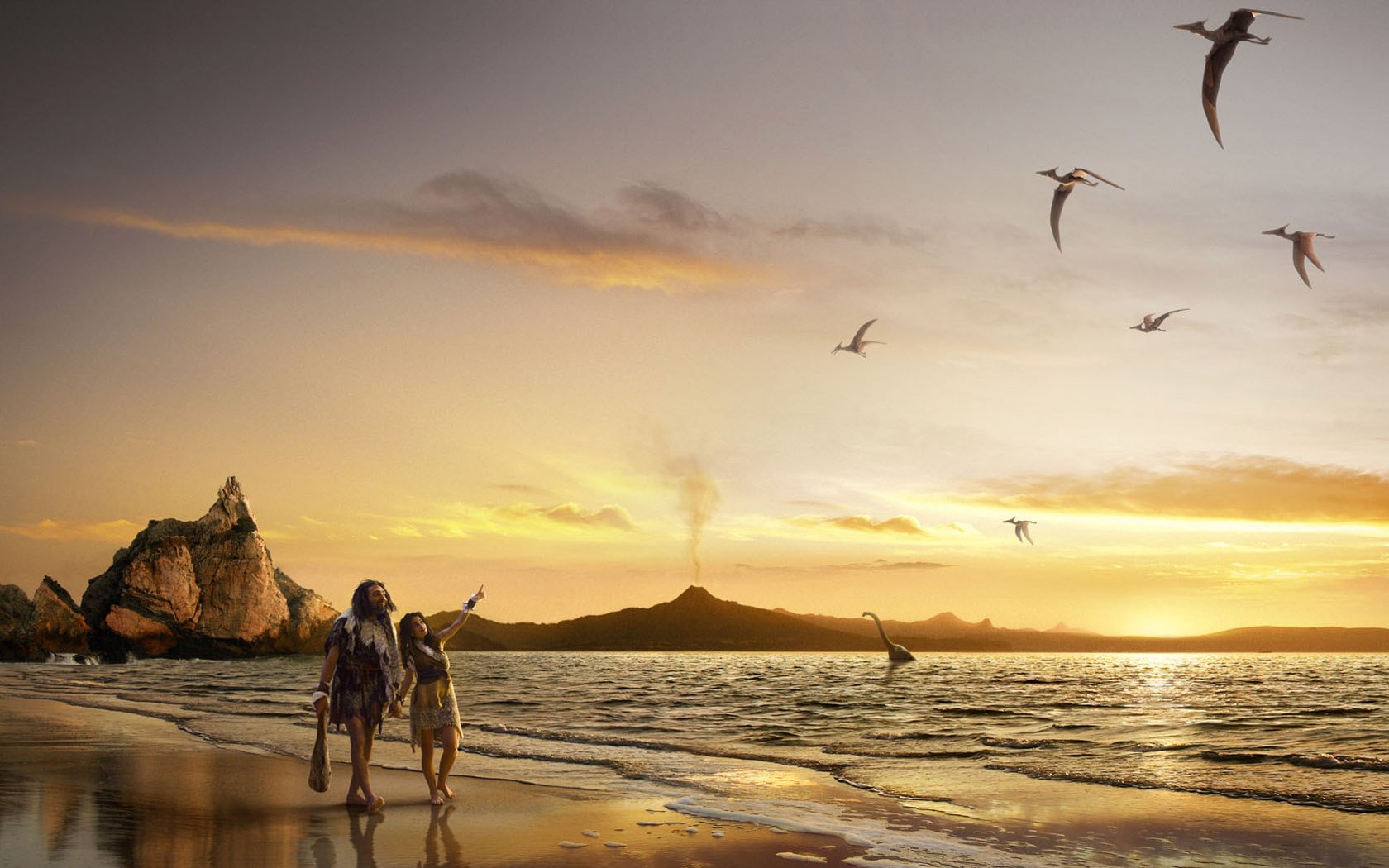 spaziergang am meer antike zeiten liebe paar liebhaber vögel möwen brandung küste himmel sonnenuntergang meer romantik wellen märchen