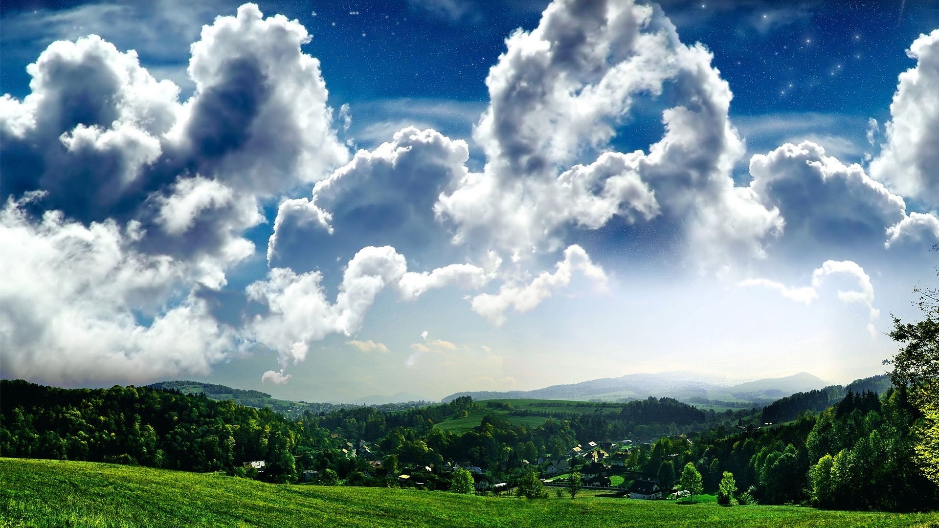 natur der berge verdrehte wolken wald himmel feld wolken grün gras wiese vegetation natur landschaft