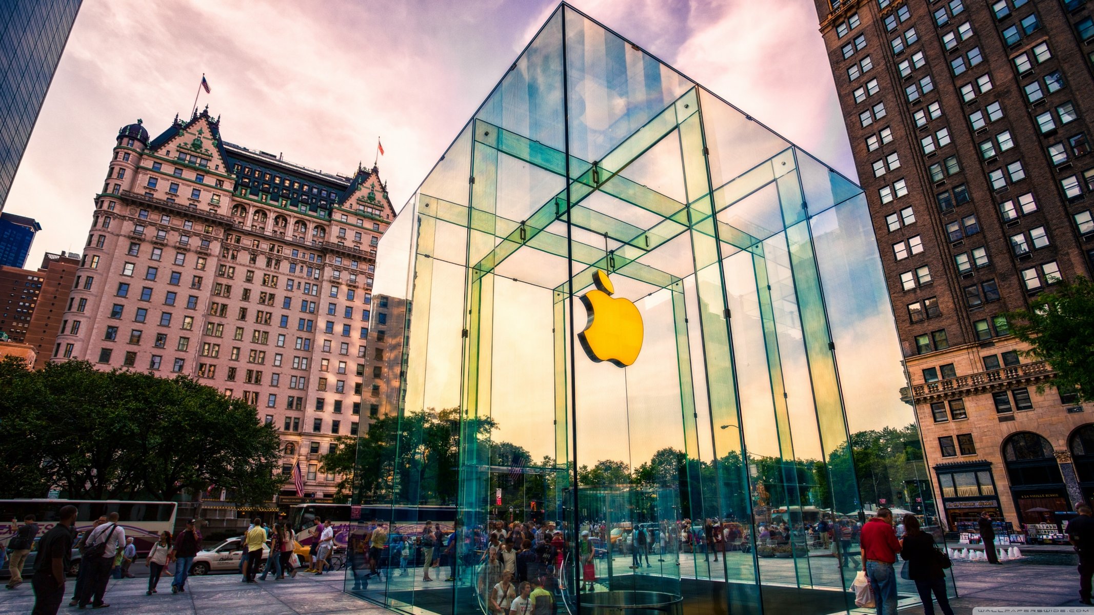 apple store fifth avenue a new york negozio mela logo vetro scala contorta persone traffico