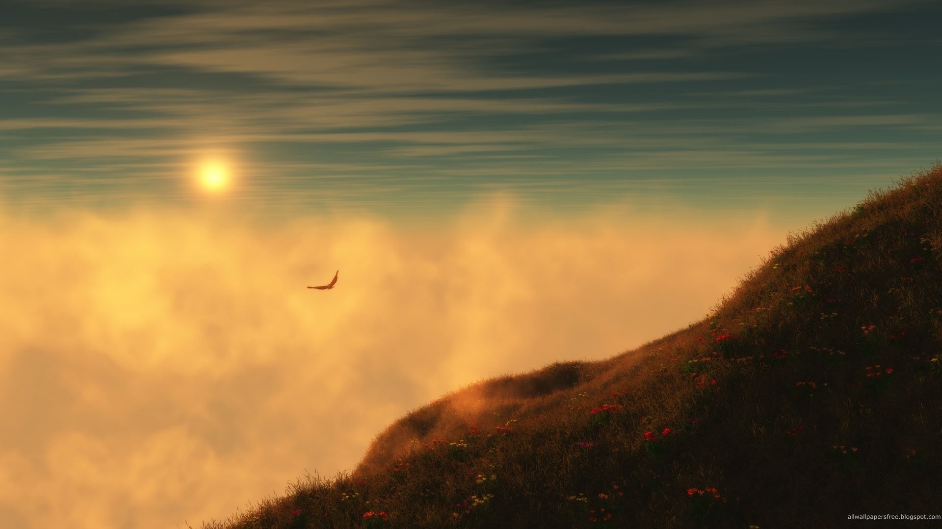 höhenflug berge mit kleinen blüten nebel