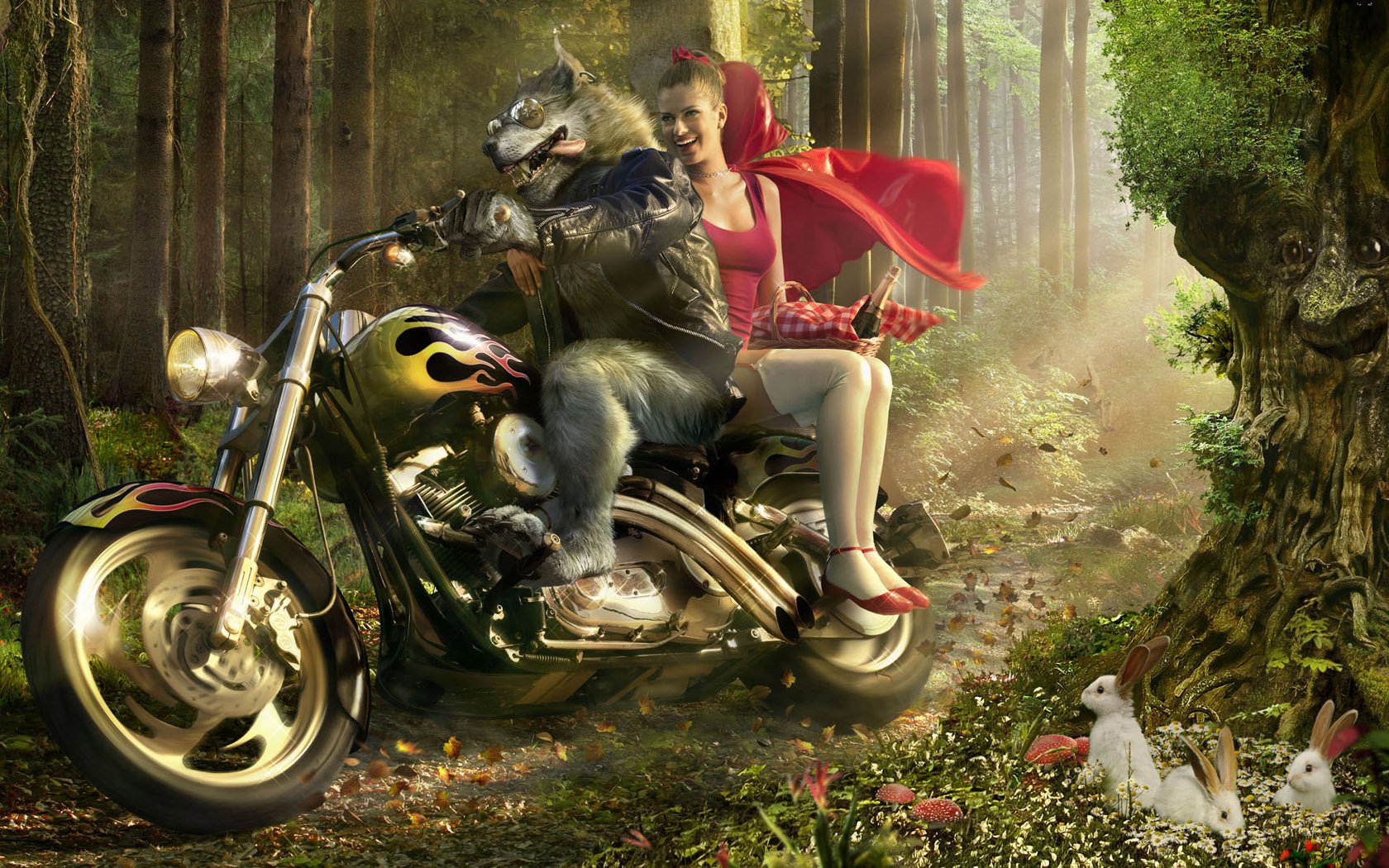 bosque lobo moto velocidad caperucita roja capa moto liebres creativo sonrisa cuentos de hadas bosque