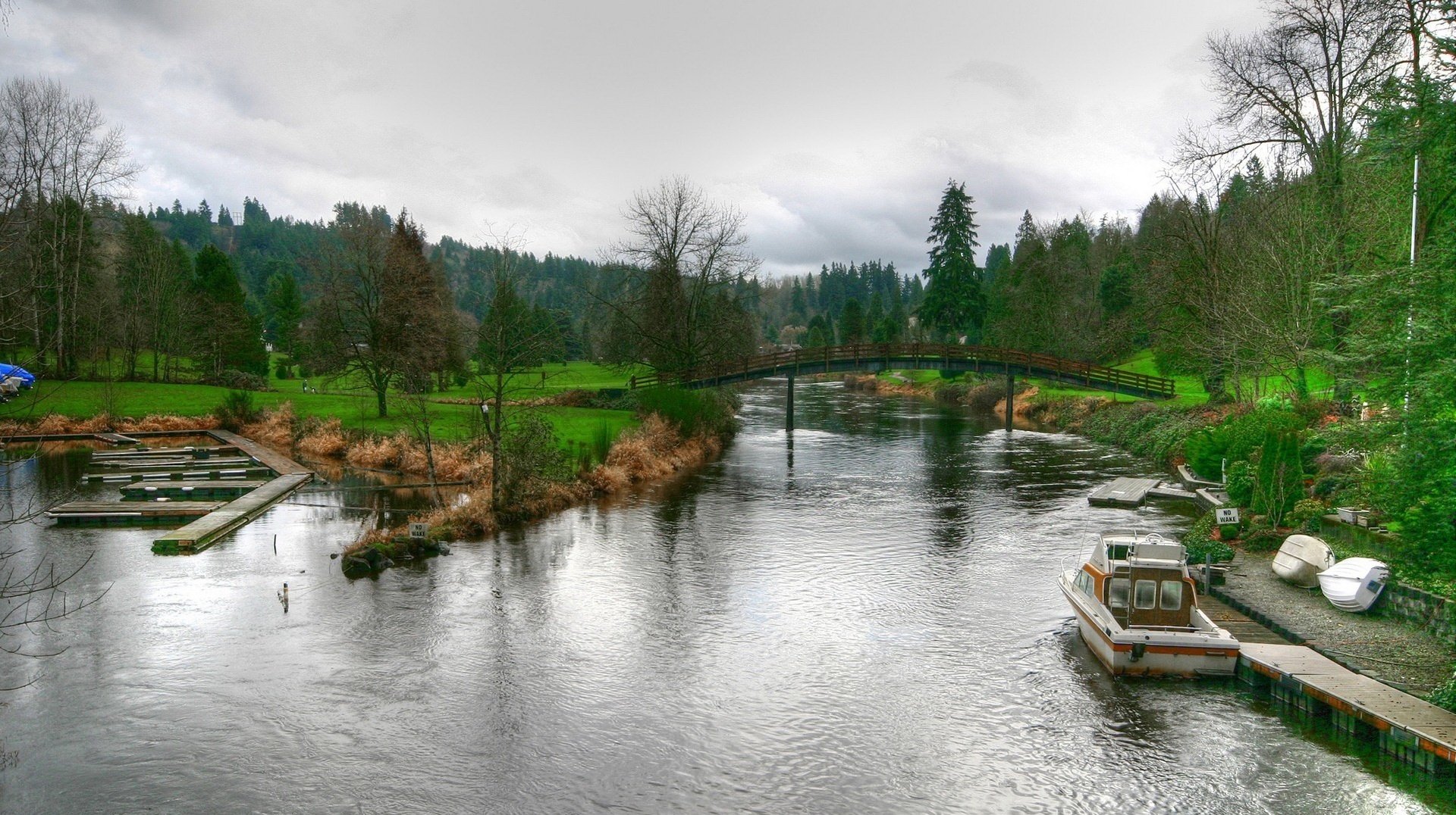 river bridge park favorite place forest river water greens clouds bridge for boat ate