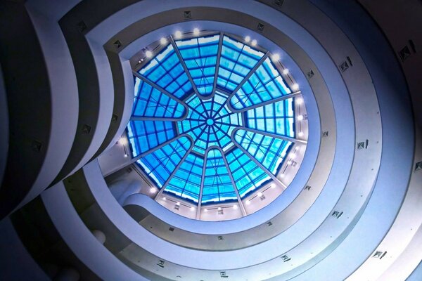 Bottom view stained glass blue roof