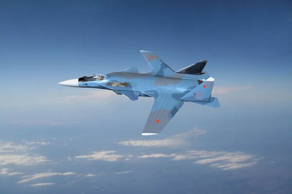 The Su-47 flying in the sky above the clouds