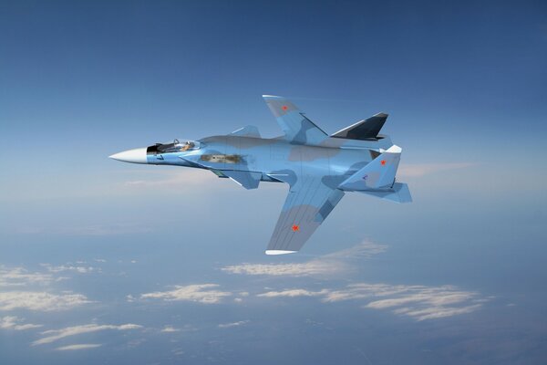 Avión su-47 volando por encima de las nubes