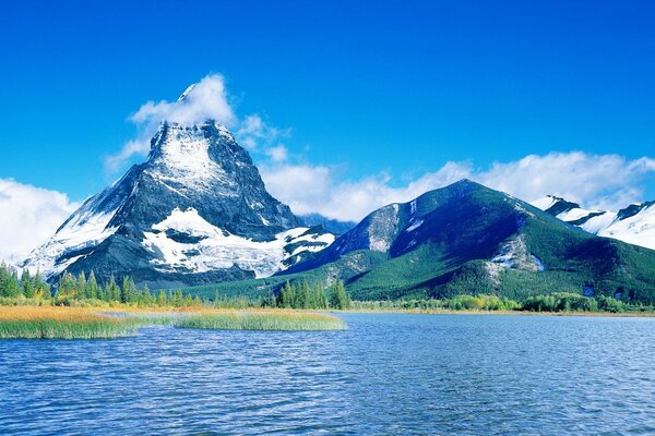 Blue sky over a mountain lake