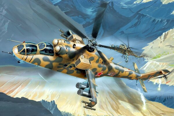 Dibujo de un helicóptero militar sobre las montañas
