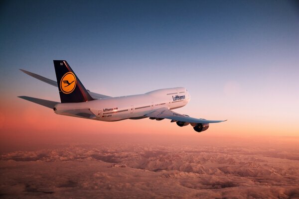 Un avion qui vole au coucher du soleil