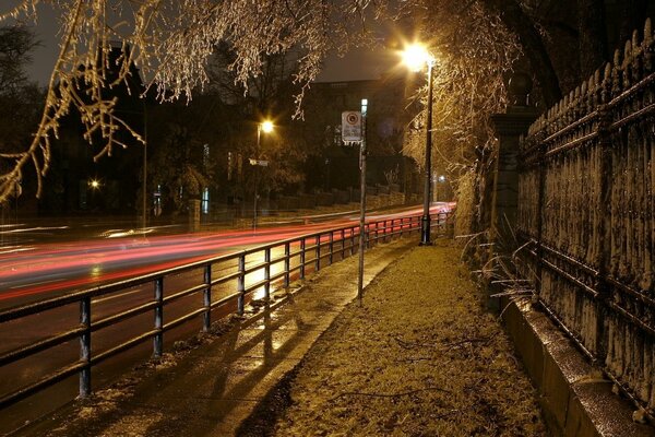 Frosty morning on the road and sidewalk