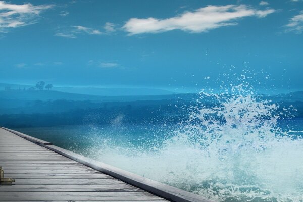 Molo di legno acqua cielo crepuscolo spruzzi d acqua