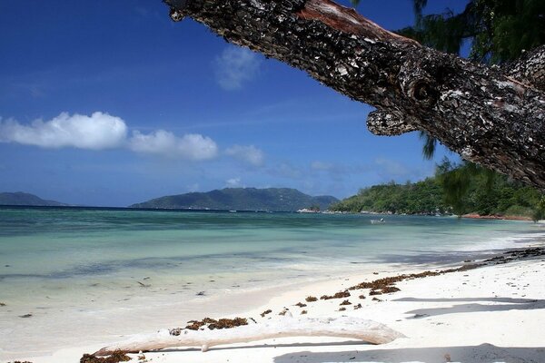 White beach near the distant mountains