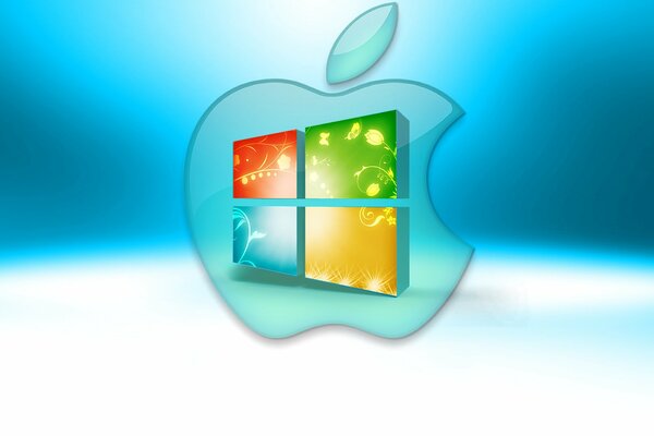 Logo firmy Microsoft wewnątrz logo firmy Apple na niebieskim i białym tle