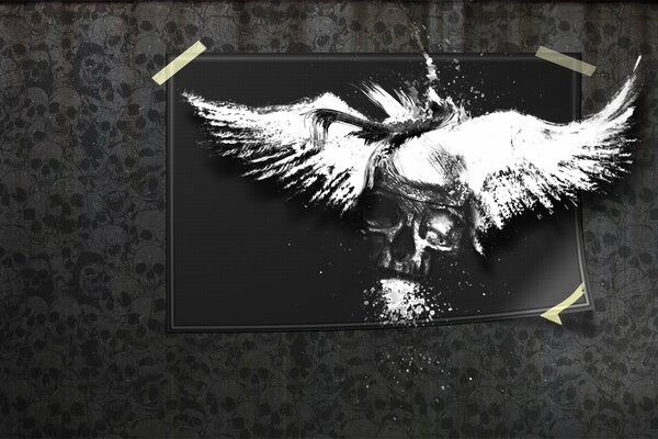 Immagine in bianco e nero delle ali e del cranio