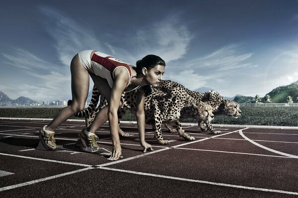 A girl competes in running with leopards