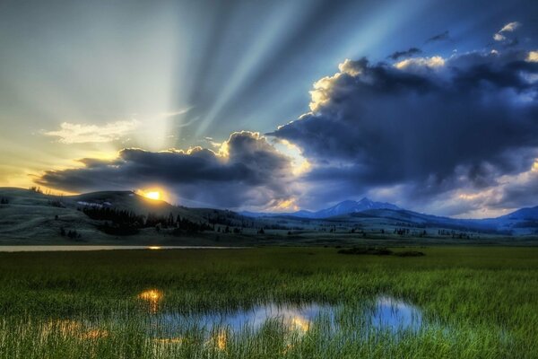 Swampy terrain dark clouds