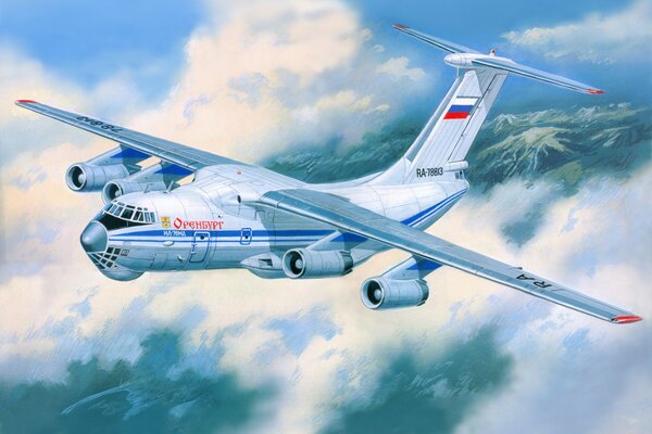 Un aereo Il-76 che vola nel cielo sopra le nuvole