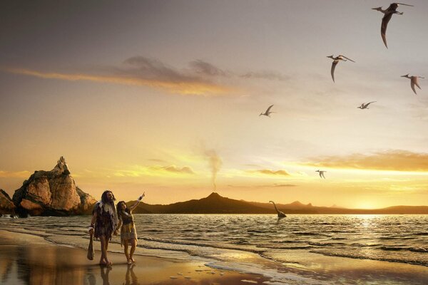 A fantasy image of ancient people walking on the seashore