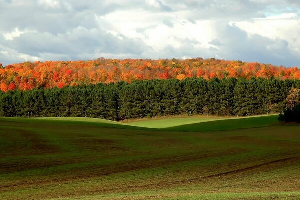 Paysage d automne, bleu, orange et vert