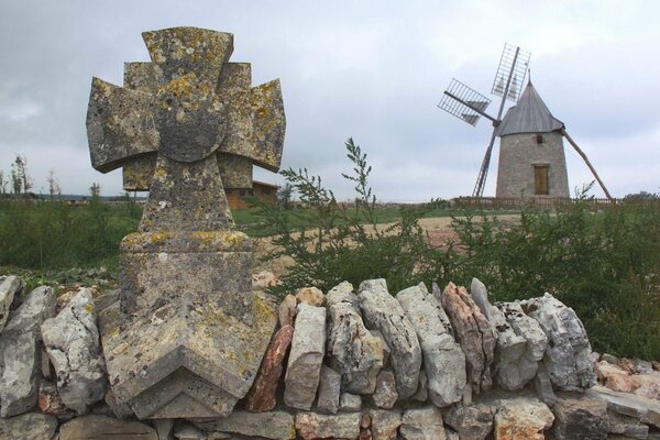 View of the stone fence and the mill