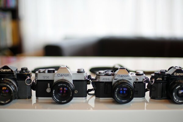 Toutes les caméras canon f-1, canon tx, canon AE 1, canon a - 1, sur fond flou