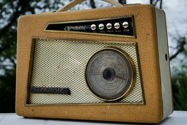 An old radio set against the background of nature