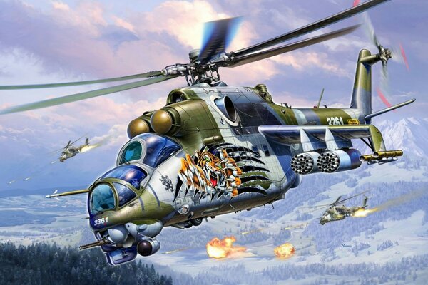Art painting Russian transport helicopter