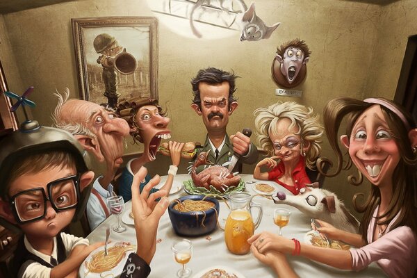 There are awesome faces at the table, a cartoon drawing