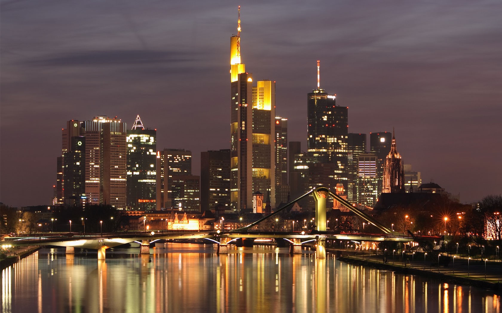 germany frankfurt night house river bridge light