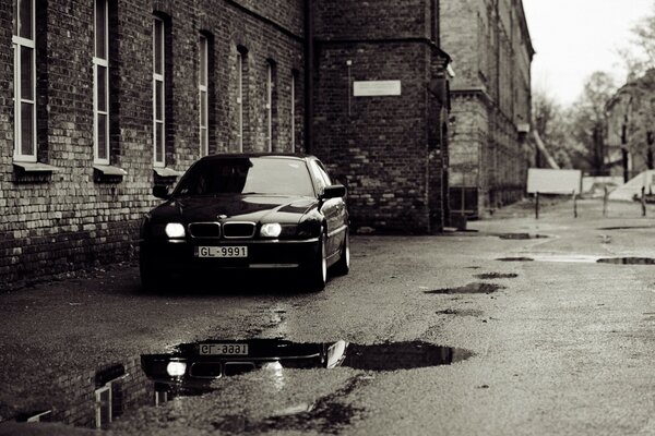 Black and white landscape of the old town after the rain