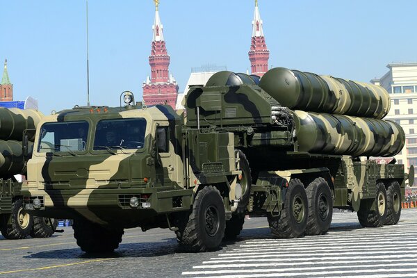 A huge military car on the square