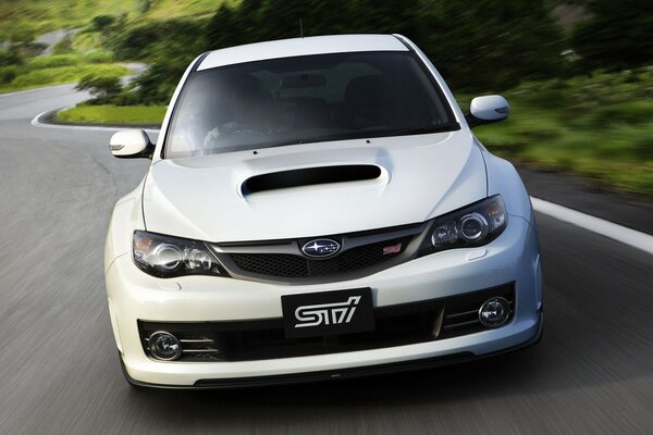 Auto Subaru cavalca in autostrada nella foresta bella immagine