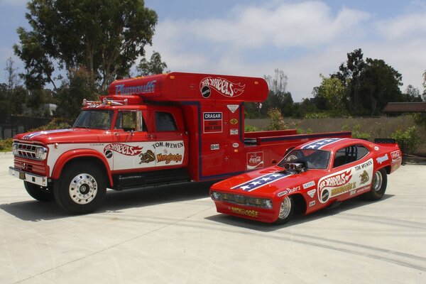 Special equipment in the parking lot and a sports car