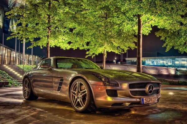 Ein Auto steht auf einer beleuchteten Straße. Und Palmen