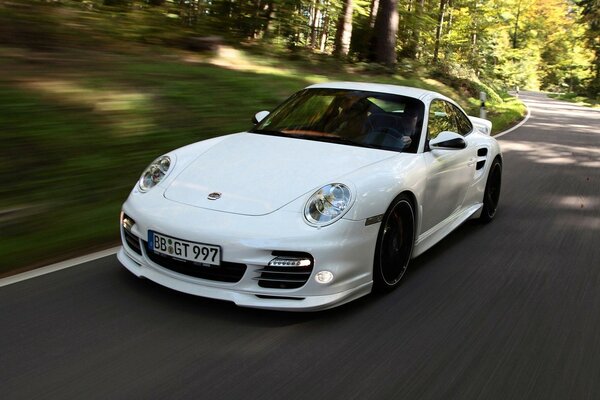 Weißer Porsche rast inmitten dunkler Wälder