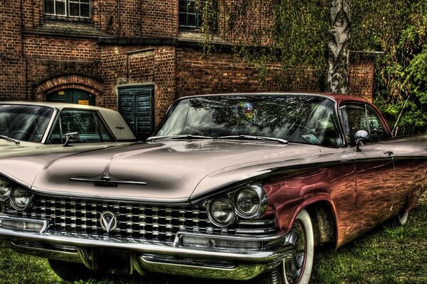 Vintage car on the background of the building