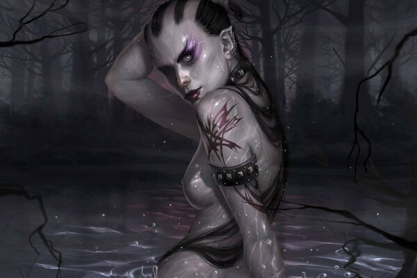 A girl with a knife in a gloomy swamp