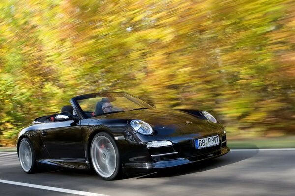 Porsche en velocidad, otoño, carretera