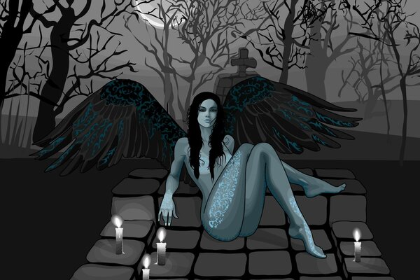 Chica con alas en el cementerio con velas