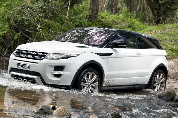 SUV Rangrover Coupé überquert einen Waldfluss